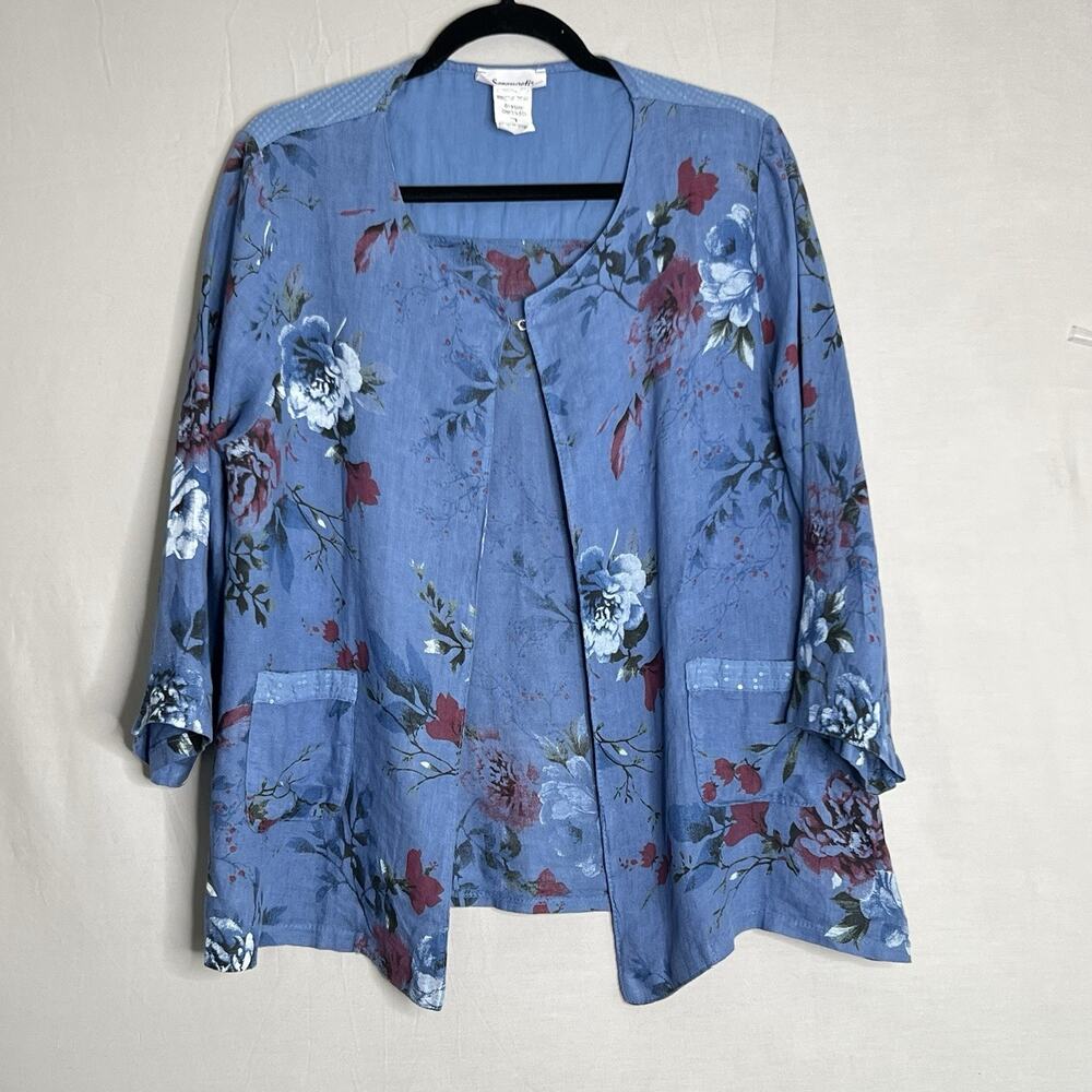 Serengeti Artsy Open Linen Jacket Sz L floral‎ Sequins Pockets Lagenlook Italy
